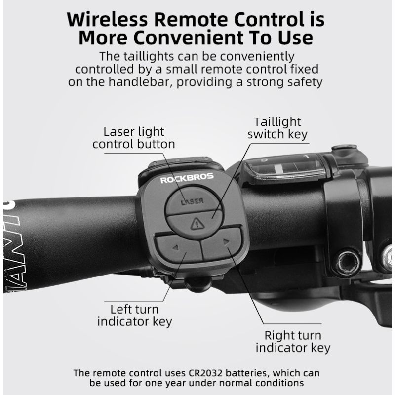 ROCKBROS LKWD-R1 cykellygte smart USB LED cykelbaglygte med trådløs fjernbetjening til cykelsikkerhed