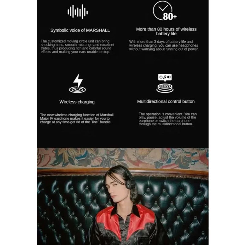 Marshall Major IV Bluetooth-hovedtelefoner med signaturlyd og dyb bas til musikentusiaster trådløs opladning