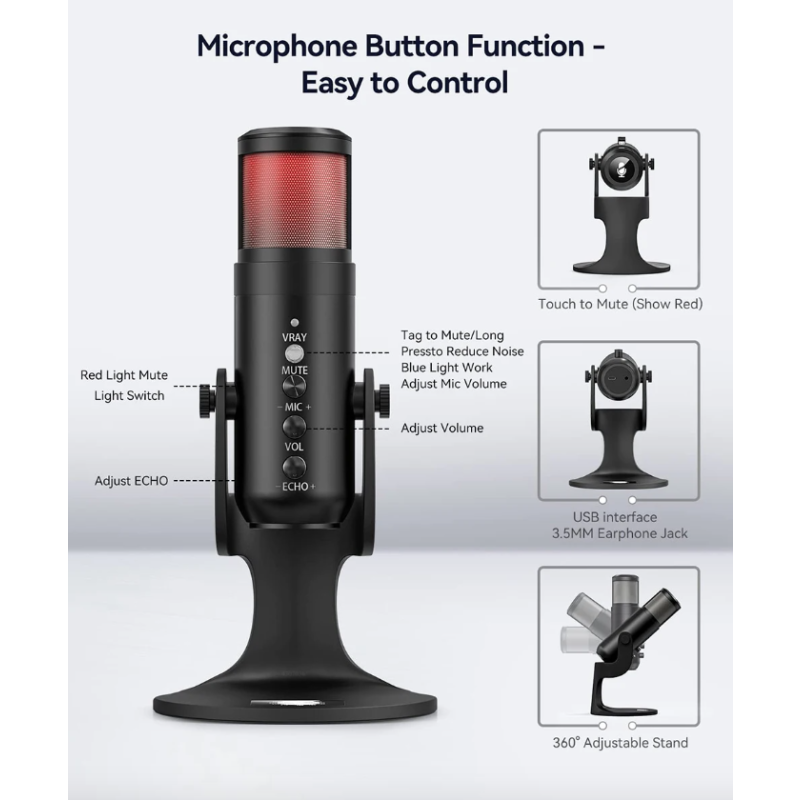 MU900PRO RGB USB-mikrofon til streaming dynamisk RGB belysning høj lydkvalitet kardioid opsamlingsmønster