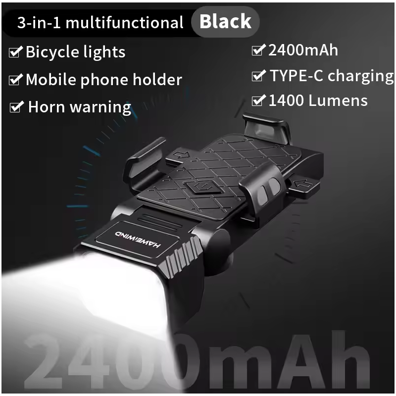 Multifunktionel Cykellygte 3-i-1: Horn, Mobilholder Cykel & Lys for Cykelsikkerhed.