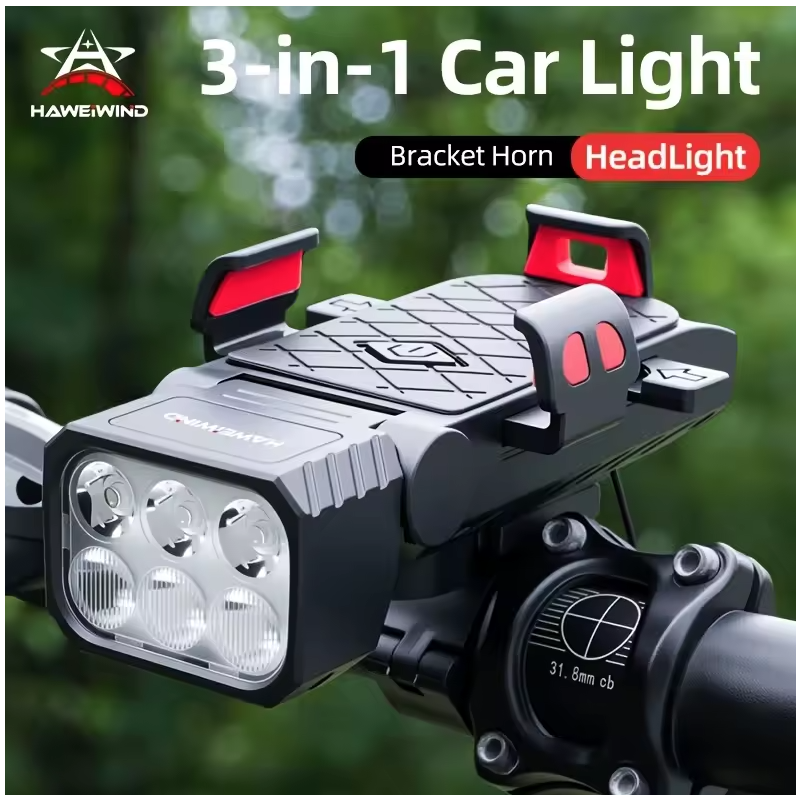 Multifunktionel Cykellygte 3-i-1: Horn, Mobilholder Cykel & Lys for Cykelsikkerhed.