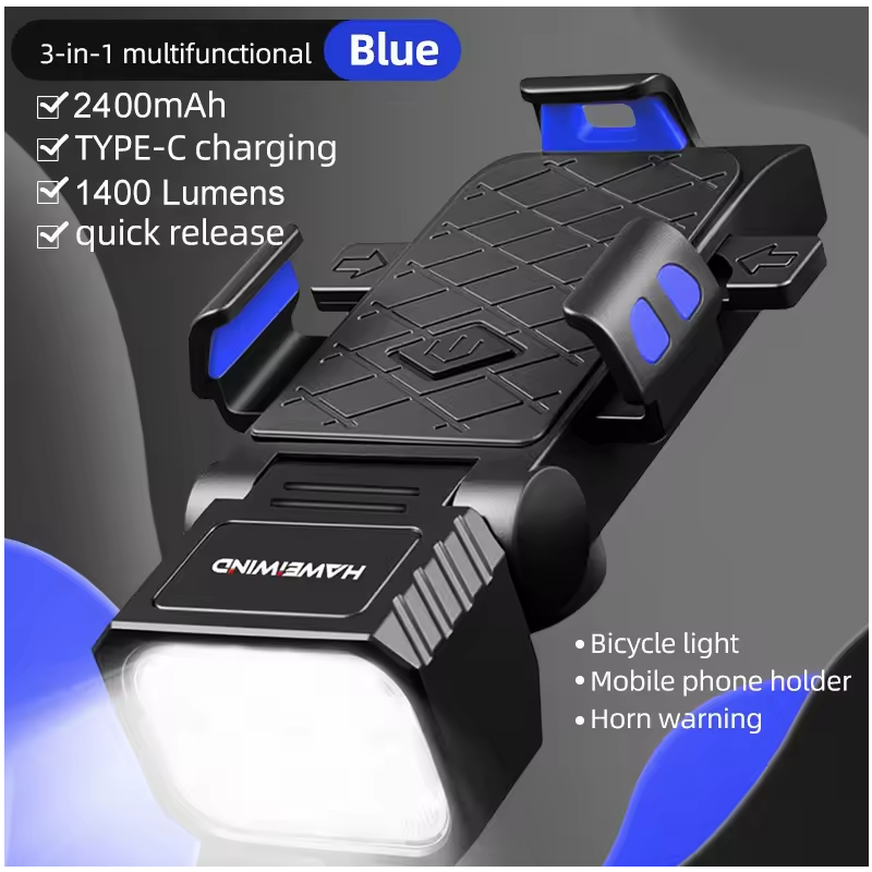 Multifunktionel Cykellygte 3-i-1: Horn, Mobilholder Cykel & Lys for Cykelsikkerhed.