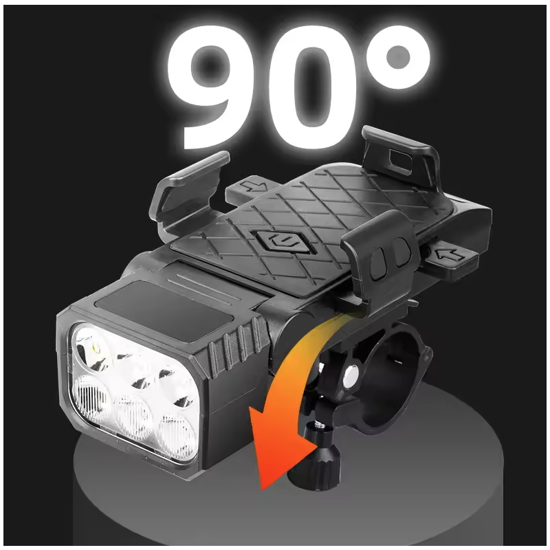 Multifunktionel Cykellygte 3-i-1: Horn, Mobilholder Cykel & Lys for Cykelsikkerhed.