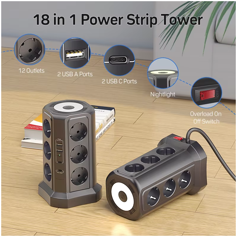 XT-G3211 EU stikdåse 4000W 16A | Strømskinne med overspændingsbeskyttelse, USB-oplader & natlys