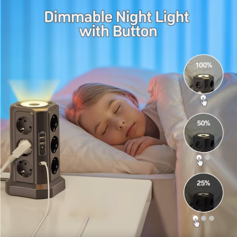 XT-G3211 EU stikdåse 4000W 16A | Strømskinne med overspændingsbeskyttelse, USB-oplader & natlys