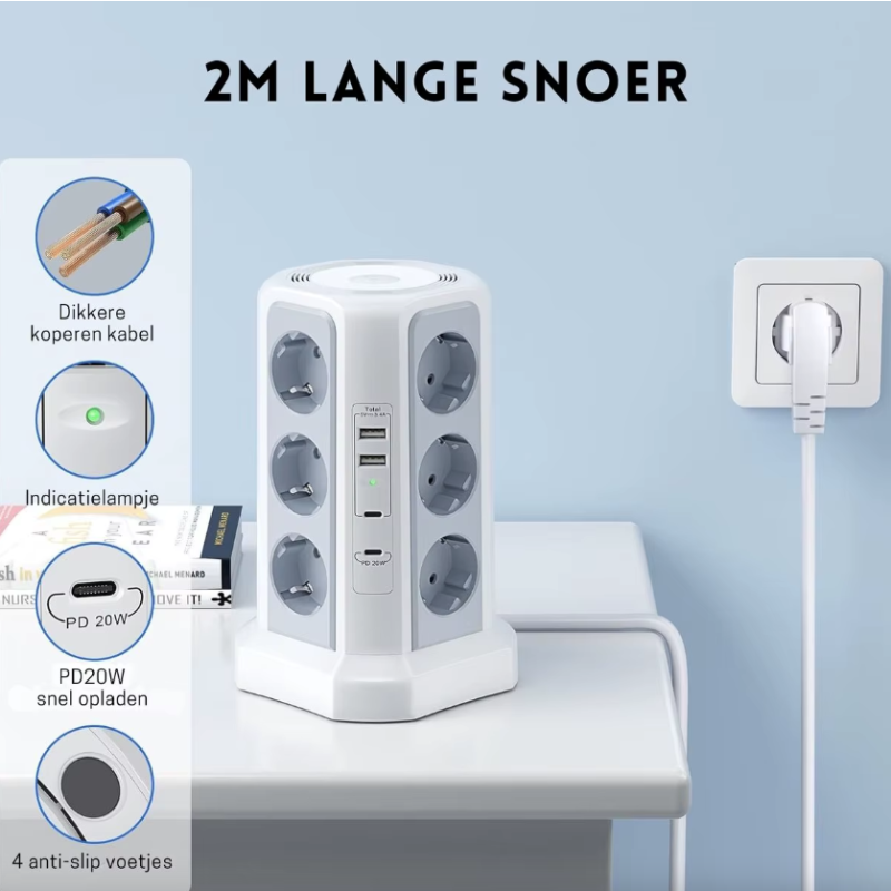 XT-G3211 EU stikdåse 4000W 16A | Strømskinne med overspændingsbeskyttelse, USB-oplader & natlys