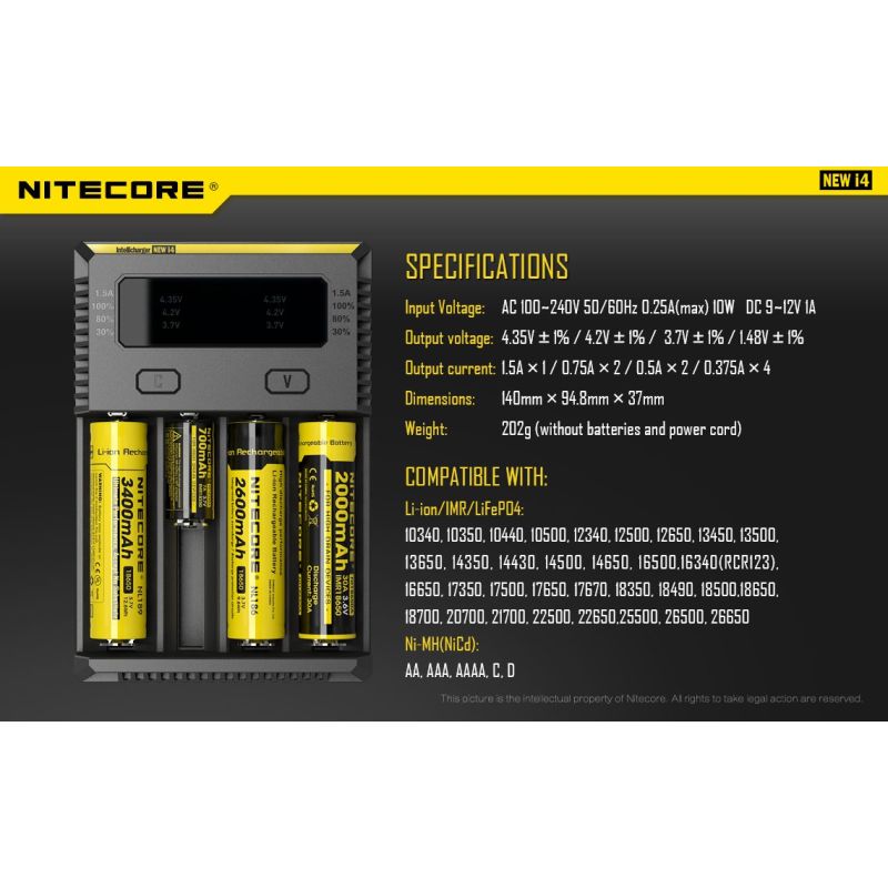 Nitecore New I4 Li-Ion batterioplader med smart opladningsteknologi kompatibilitet og sikker opladning