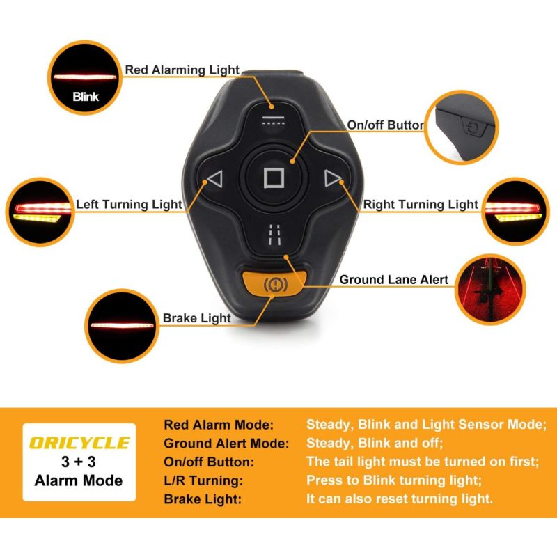 Ampulla C1 LED Cykelbaglygte: Fjernbetjening, Blinklys & Virtuel Bane. Genopladelig, Nem Montering. Høj synlighed til natkørsel.