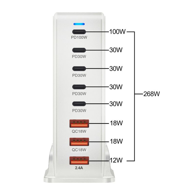 240W Desktop GaN-oplader med 8-ports USB Type C PD Charge Hurtigopladning til multi-enheds opladning