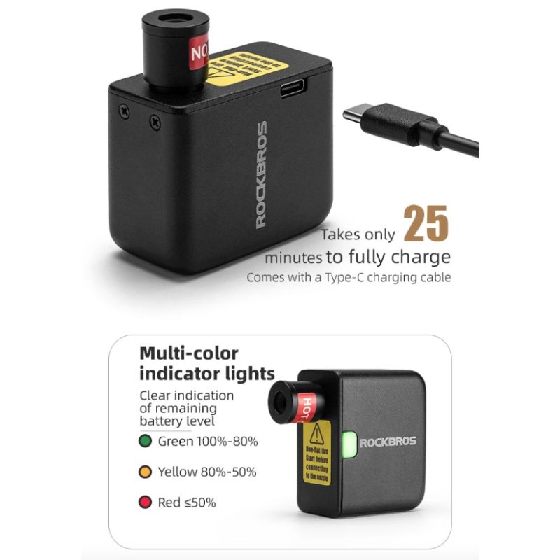ROCKBROS bærbar mini elektrisk luftpumpe 100PSI letvægtspumpe til cykel bil motorcykel cykeltilbehør