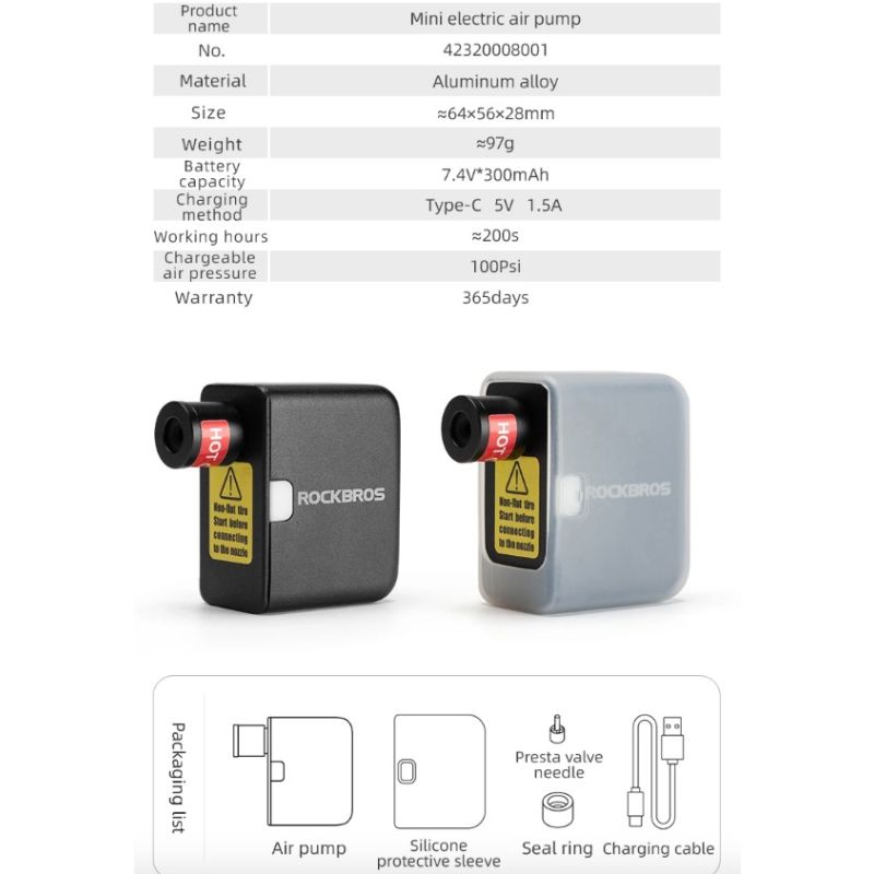 ROCKBROS bærbar mini elektrisk luftpumpe 100PSI letvægtspumpe til cykel bil motorcykel cykeltilbehør
