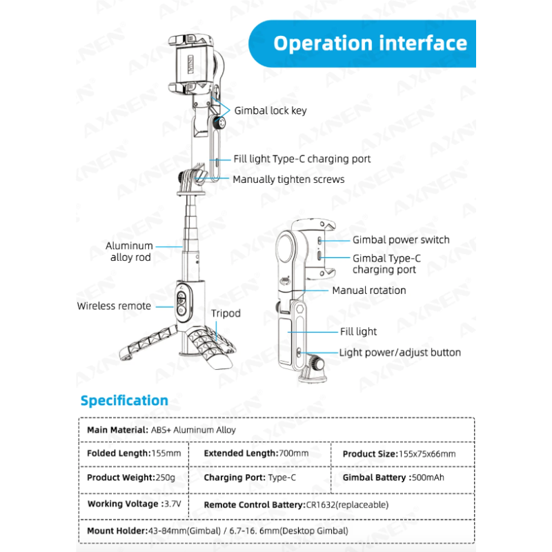 Oplev Q18 Selfie Stick 360 graders rotation med smart tracking innovativt design og stativ til smartphones