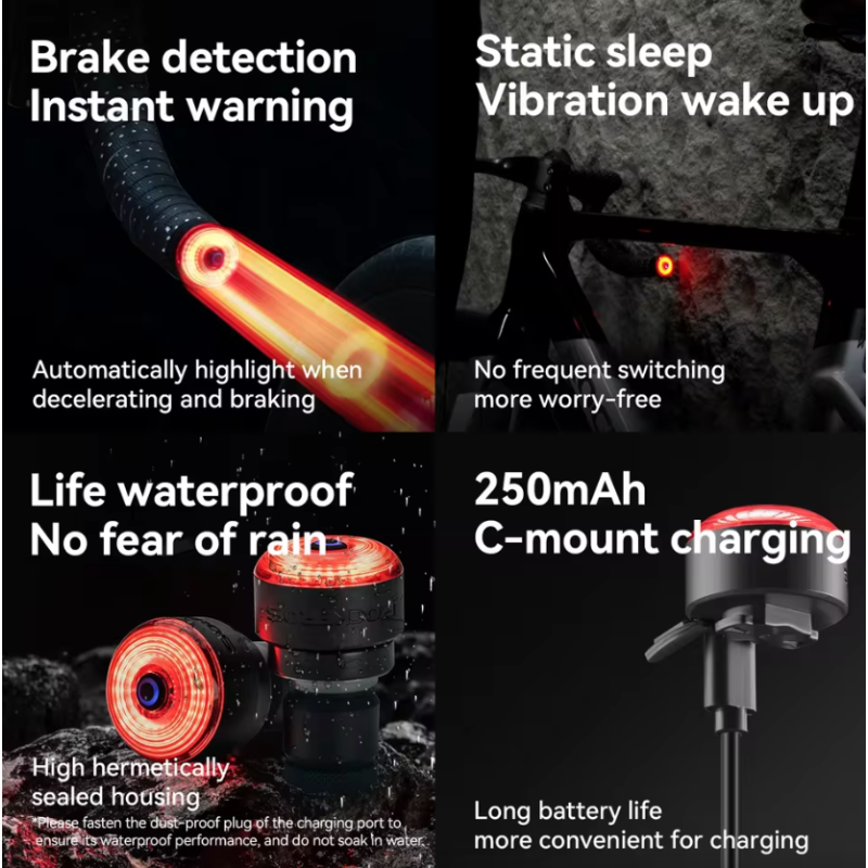 ROCKBROS R0 Styr-Endeplugs Cykellygte | Type-C Genopladelig Baglygte MTB/Landevej - Øg Cykelsikkerhed