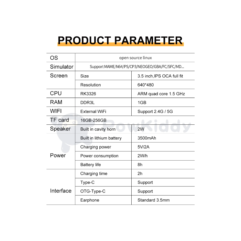 POWKIDDY RGB20S håndholdt spilkonsol Retro gaming med 3,5-tommer 4:3 IPS-skærm RK3326 open source system