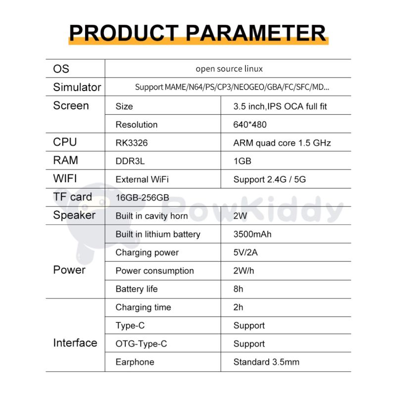 POWKIDDY RGB20S håndholdt spilkonsol med 3,5 tommer 4:3 IPS HD-skærm retro gaming perfekt gave til børn