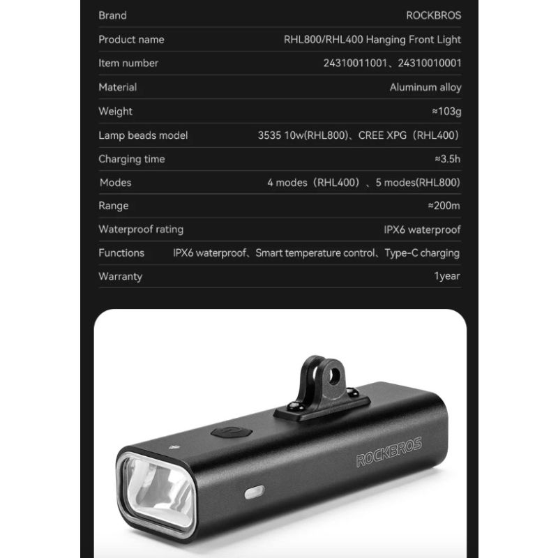 ROCKBROS RHL-1000LUMEN Cykelforlygte 1000 Lumen Type-C Genopladelig Regntæt LED Sikkerhed til Pendling MTB