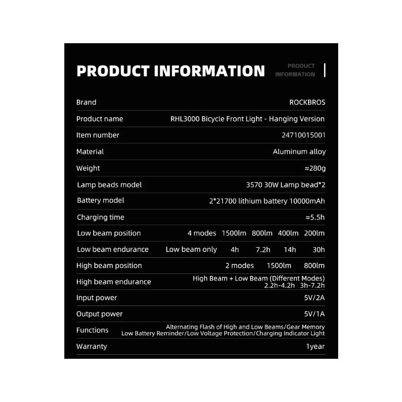 ROCKBROS RHL3000 cykellygte 3000 lumen genopladelig 10000mAh vandtæt MTB forlygte med høj lysstyrkejustering