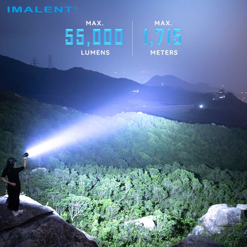IMALENT SR16: Superlys Lommelygte med 55000 Lumen! 1715m Lang Rækkevidde, Genopladelig LED.