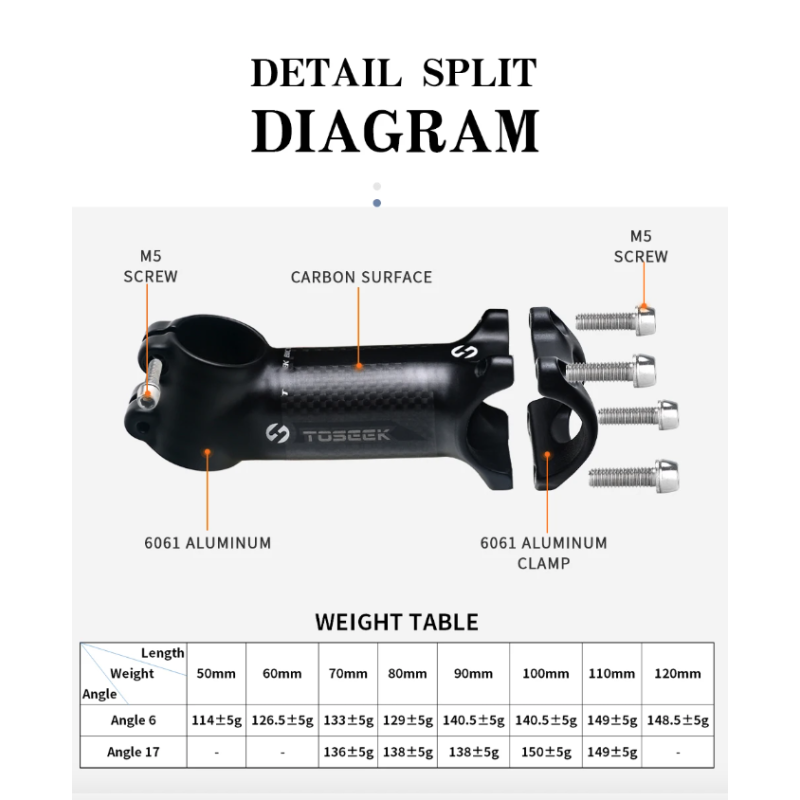 TOSEEK MTB cykelstyrspindel 28.6mm letvægts aluminium carbon justerbar vinkel til cykelentusiaster i mat sort