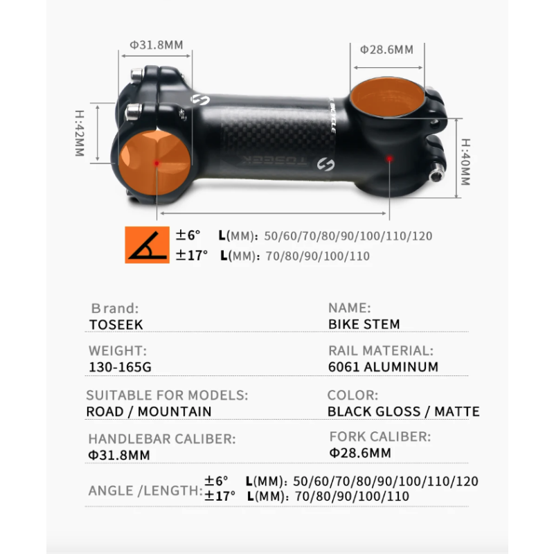 TOSEEK MTB cykelstyrspindel 28.6mm letvægts aluminium carbon justerbar vinkel til cykelentusiaster i mat sort