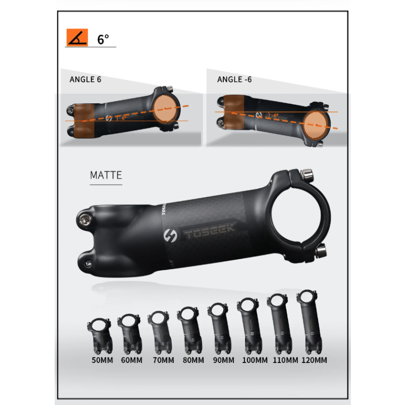 TOSEEK MTB cykelstyrspindel 28.6mm letvægts aluminium carbon justerbar vinkel til cykelentusiaster i mat sort