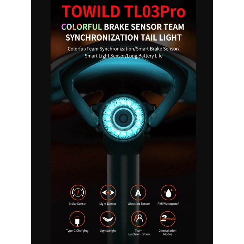 TOWILD TL03Pro cykelbaglygte med smart bremsesensor genopladelig LED cykel lys for øget synlighed