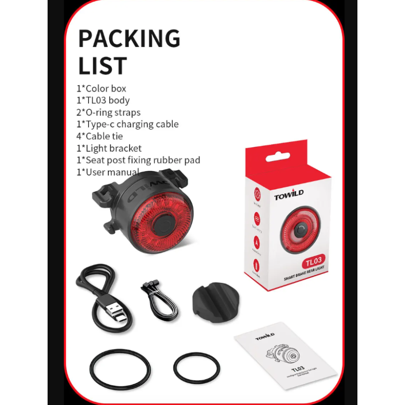 TOWILD TL03 LED Cykellygte med Smart Auto Bremse Sensor Cykellygte for Cykelsikkerhed og Synlighed