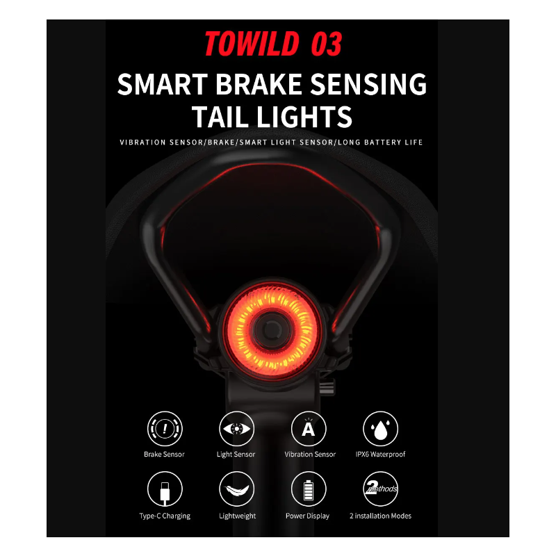 TOWILD TL03 LED Cykellygte med Smart Auto Bremse Sensor Cykellygte for Cykelsikkerhed og Synlighed