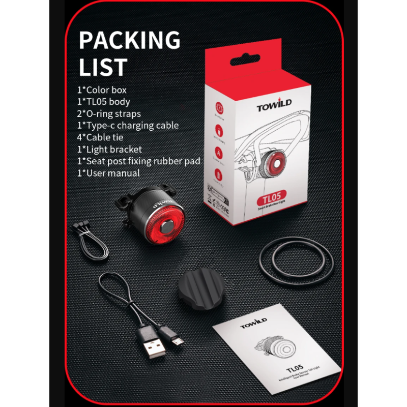 TOWILD TL05 cykellys IPX6 vandtæt baglygte med smart autobremseføling USB-opladning holdbar batterilevetid 100 timer