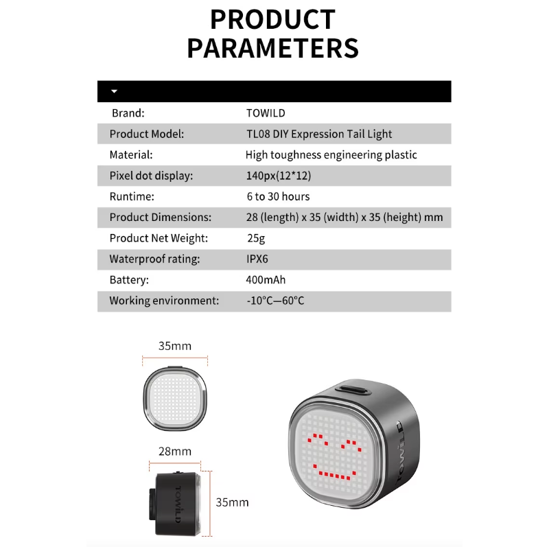 TOWILD TL08 Smart Cykellygte | Baglygte med Custom Mønstre & Bremsesensor | USB-C Genopladelig, IPX6