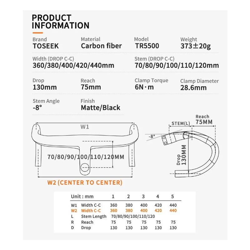 TOSEEK TR5500 landevejscykelstyr fuld kulfiberstamme ultralet letvægts mat sort finish præcisionskontrol design