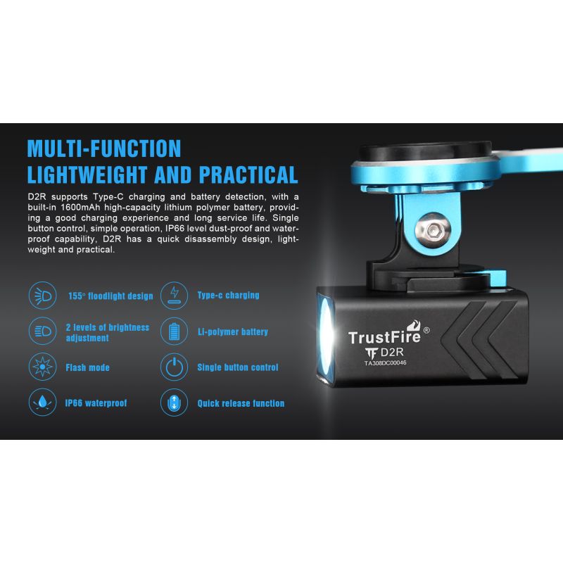TrustFire D2R 450LM Cykellygte IP66 Vandtæt Type-C Genopladelig Perfekt til Mountainbiking og Bycykling