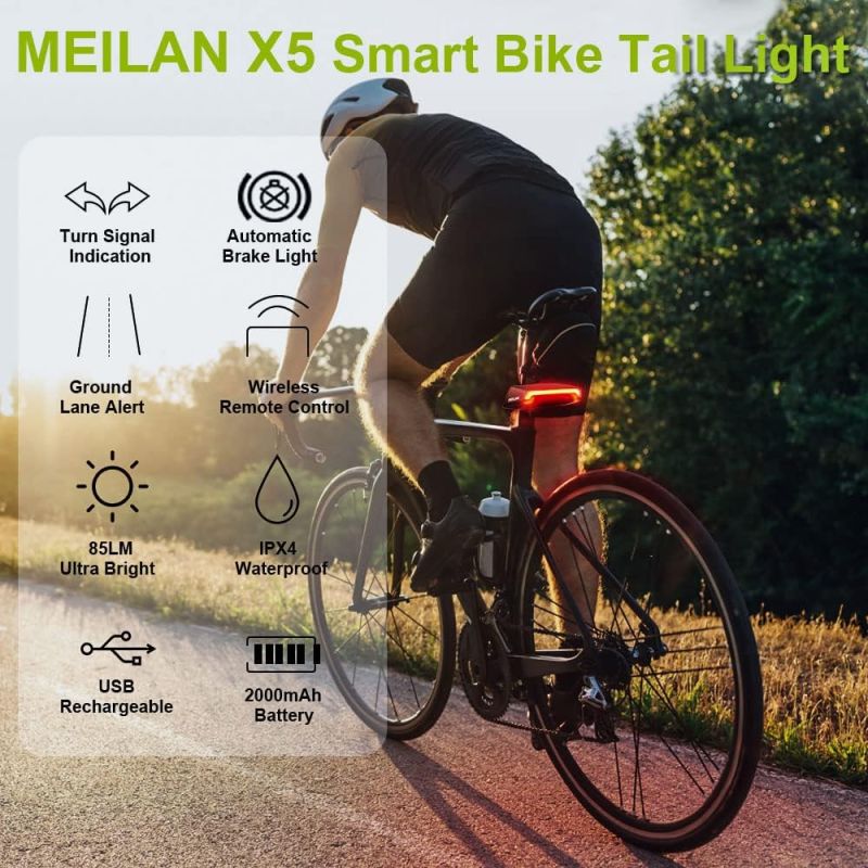 Meilan X5 Smart Cykelbaglygte | Automatisk Bremselys, Blinklys & Trådløs Fjernbetjening. USB Opladning.