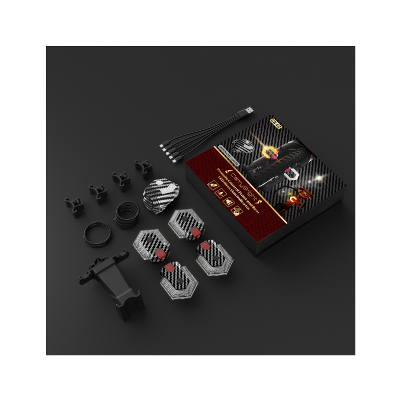 CarryBright Venligt 4-delt Kulfiber Cykellygtesæt | USB Genopladelig, Blinklys For/Bag, Fjernbetjening