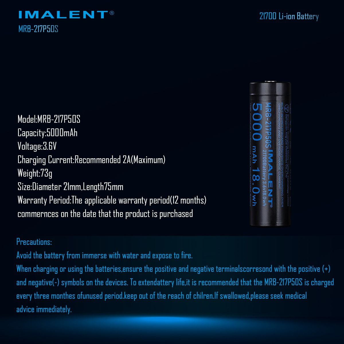 IMALENT MRB-217P50S 21700 5000MAH 3.6V genopladeligt batteri