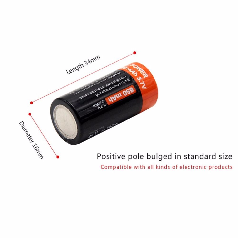 16340 650mAh 3.7V Micro USB genopladeligt Li-ion batteri, miljøvenligt, langtidsholdbart til lommelygter og udstyr
