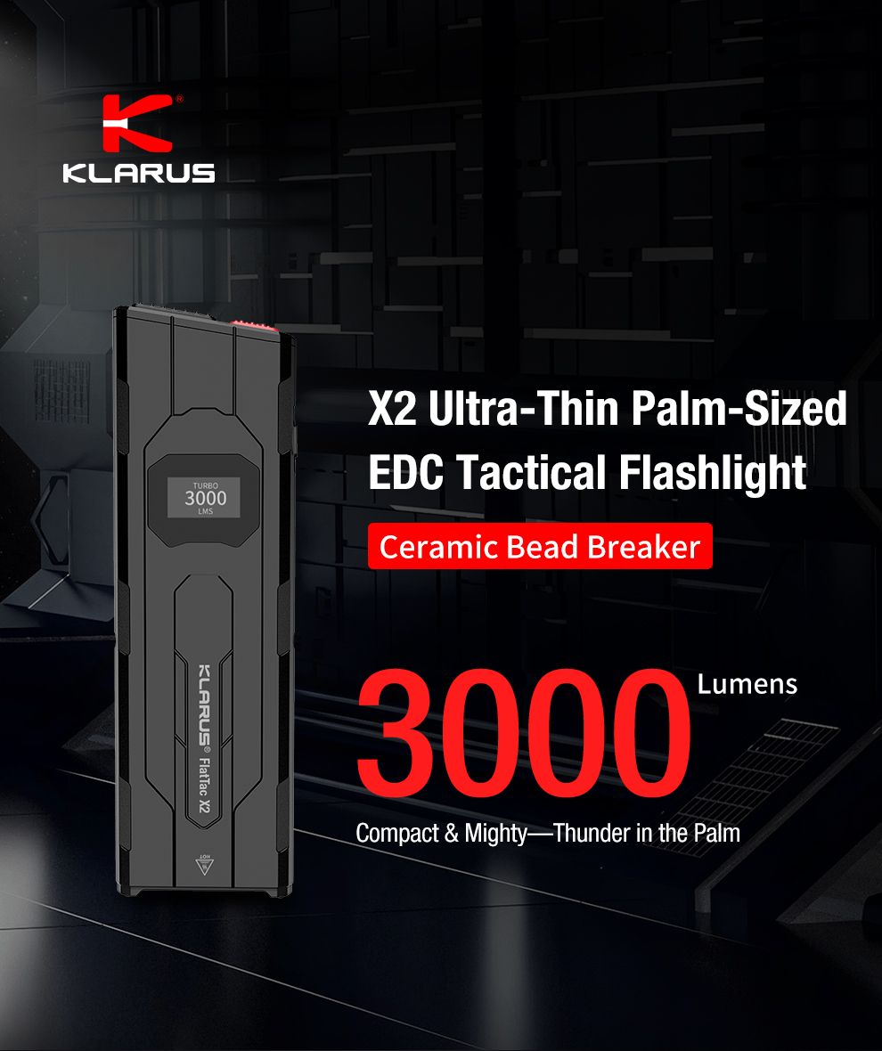 klarus X2 Ultra-tynd håndfladestørrelse EDC taktisk lommelygte, USB-C genopladelig 3000 lumen, kompakt & kraftfuld lommelygte