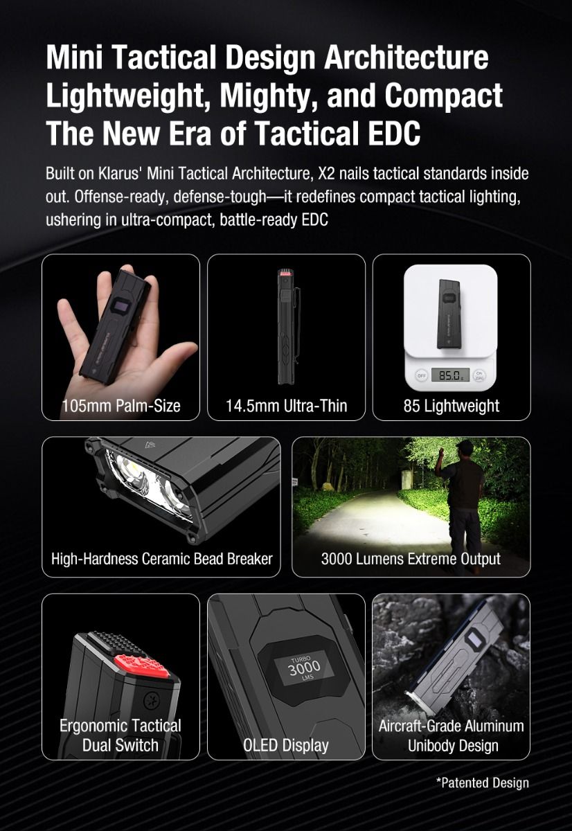 klarus X2 Ultra-tynd håndfladestørrelse EDC taktisk lommelygte, USB-C genopladelig 3000 lumen, kompakt & kraftfuld lommelygte