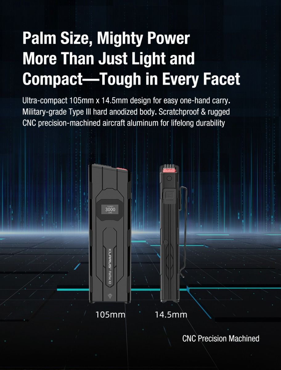 klarus X2 Ultra-tynd håndfladestørrelse EDC taktisk lommelygte, USB-C genopladelig 3000 lumen, kompakt & kraftfuld lommelygte