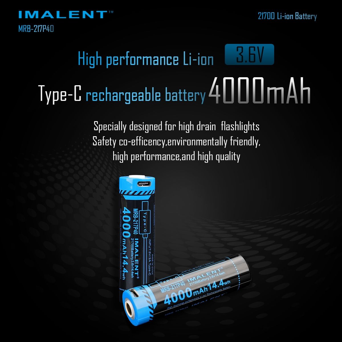 IMALENT MRB-217P40 21700 batteri 4000mAh Type-C genopladelig høj kapacitet til lommelygter og gadgets