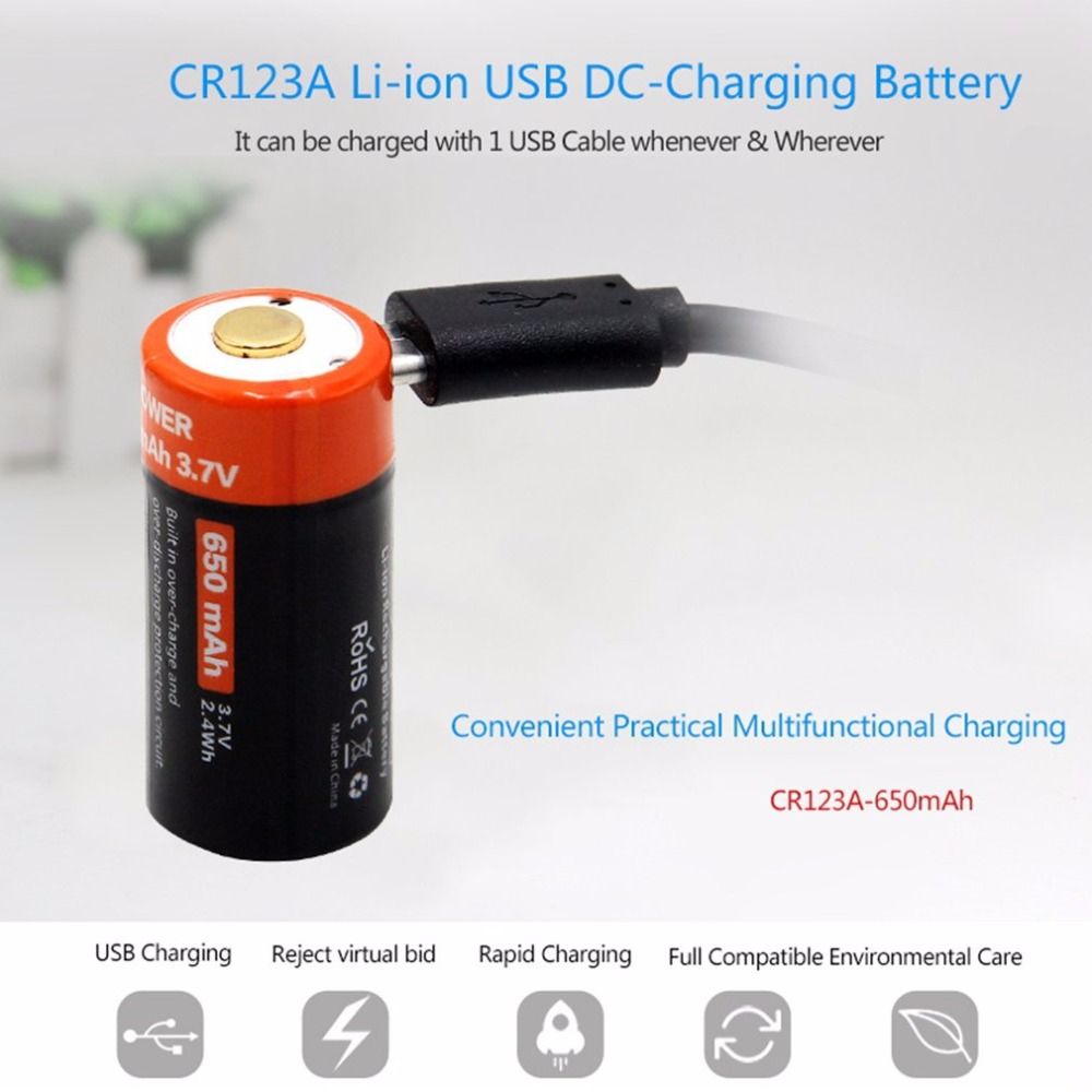 16340 650mAh 3.7V Micro USB genopladeligt Li-ion batteri, miljøvenligt, langtidsholdbart til lommelygter og udstyr