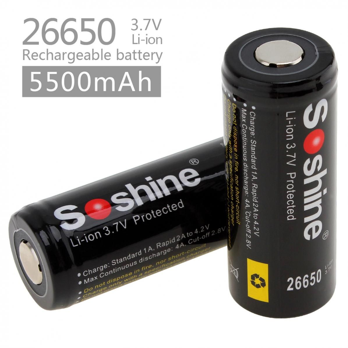 Soshine 26650 5500mAh Li-ion genopladelige batterier 2-pak til lommelygter og elværktøj langvarig brug
