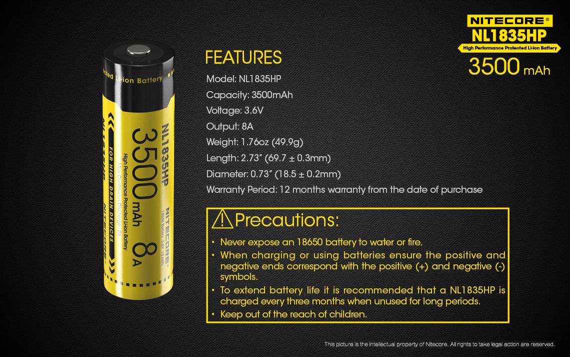 Nitecore NL1835HP 3500mAh genopladeligt 18650 batteri med høj ydeevne til lommelygter og teknologiske gadgets