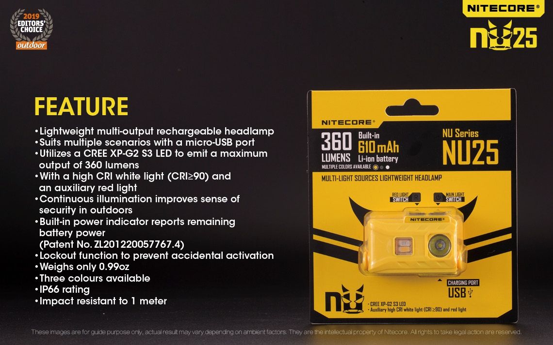 Nitecore NU25 XP-G2 S3 LED genopladelig pandelampe 360 lumen letvægts adventure tilbehør udendørs belysning
