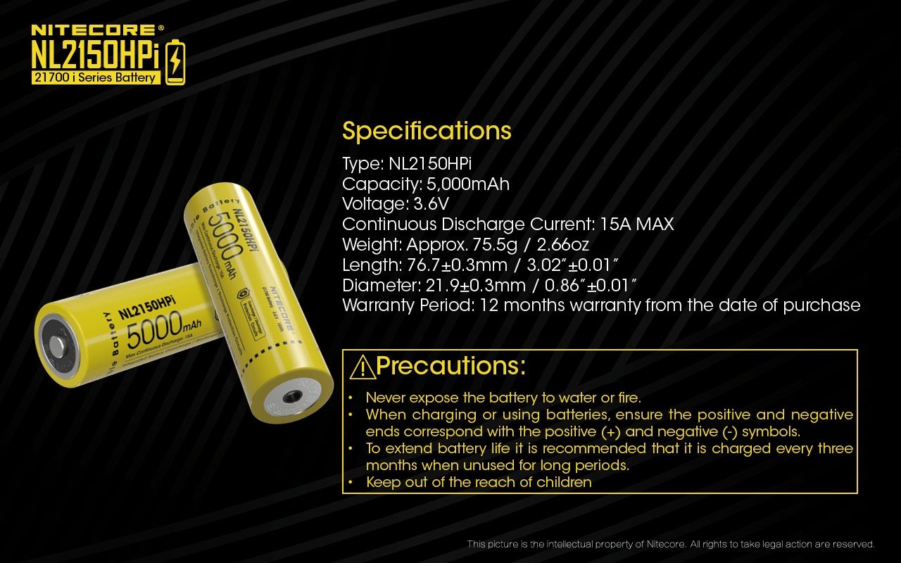 NITECORE NL2150HPi 5000mAh 21700 Li-ion genopladeligt batteri Høj ydeevne til lommelygte og vape