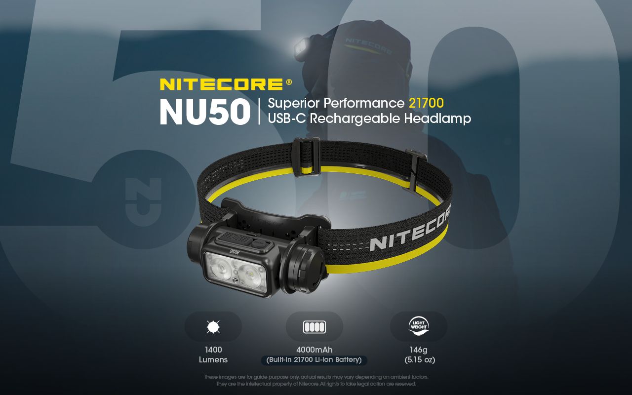 Nitecore NU50 1400 Lumens LED-pandelygte til vandring, letvægts genopladelig pandelygte med lang batteritid