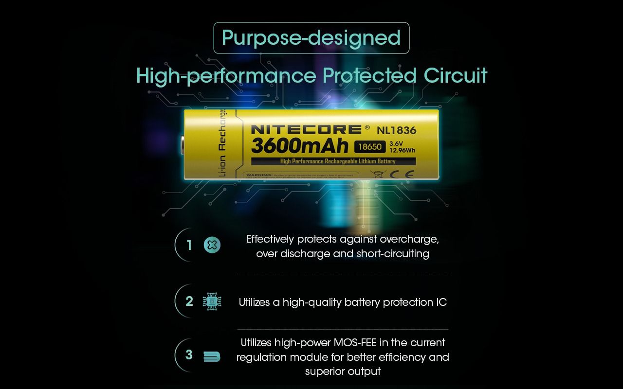 Nitecore 18650 NL1836 3600mAh Li-ion genopladeligt batteri