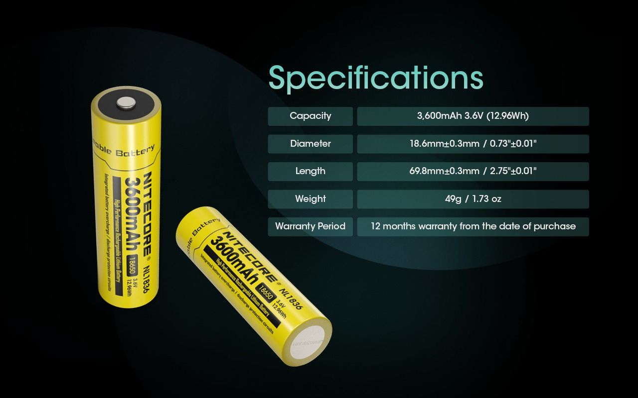 Nitecore 18650 NL1836 3600mAh Li-ion genopladeligt batteri