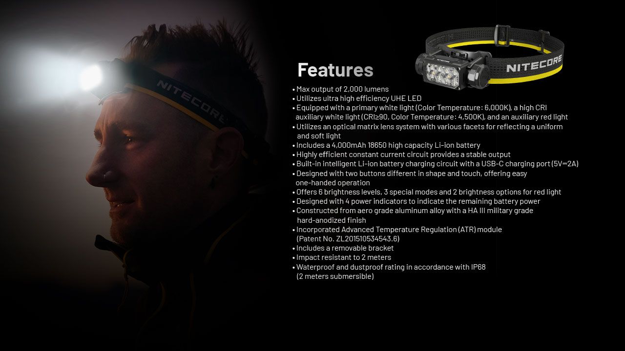 NITECORE HC65 UHE Pandelampe 2000 Lumens USB-C Genopladelig LED-Pandelampe til Camping Vandring Lang Batterilevetid