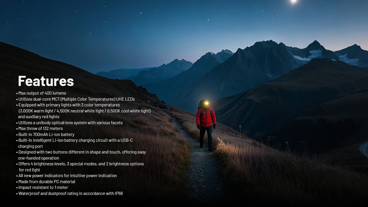 NITECORE NU25 MCT LED pandelampe 400 lumen USB-C genopladelig letvægts vandreudstyr til friluftsentusiaster